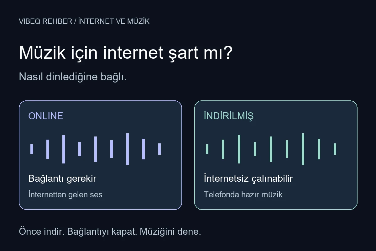 iPhone'da online müzik için internet, indirilen müzik için telefon depolaması kullanıldığını anlatan şema