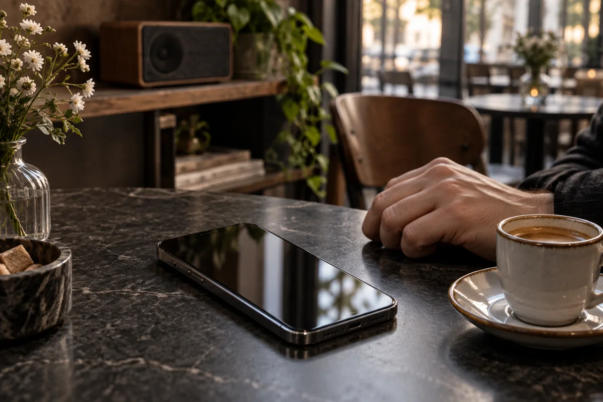 Müzik çalan bir kafede kahve fincanının yanında duran telefon