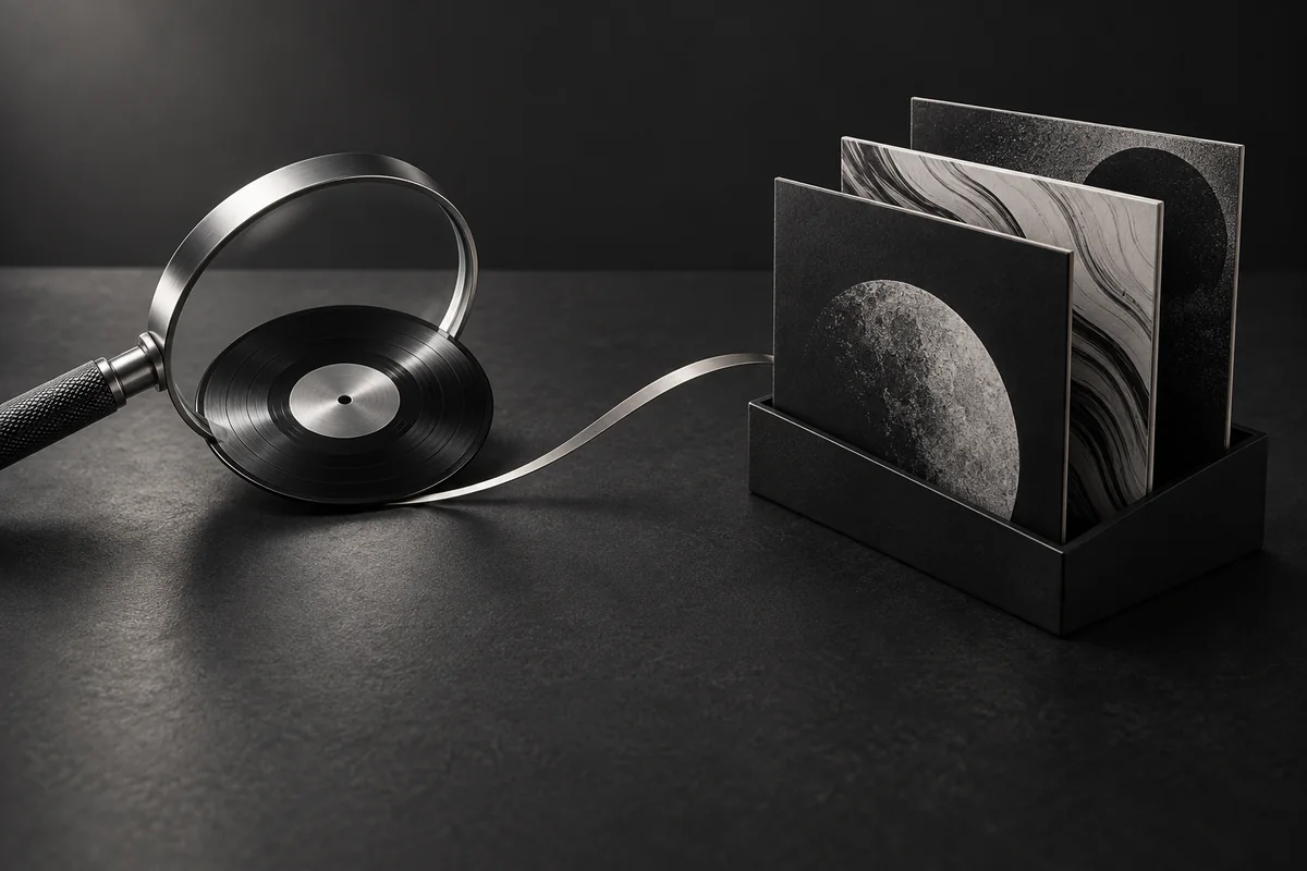 Bir plağı inceleyen büyüteç ve düzenli albüm kapaklarıyla müzik keşfini anlatan görsel