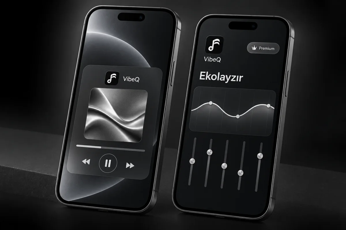 VibeQ için temsili kilit ekranı oynatıcısı ve Premium ekolayzır görünümü