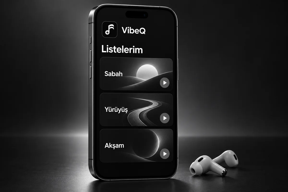 VibeQ logosu ve günlük çalma listeleri bulunan temsili telefon ekranı