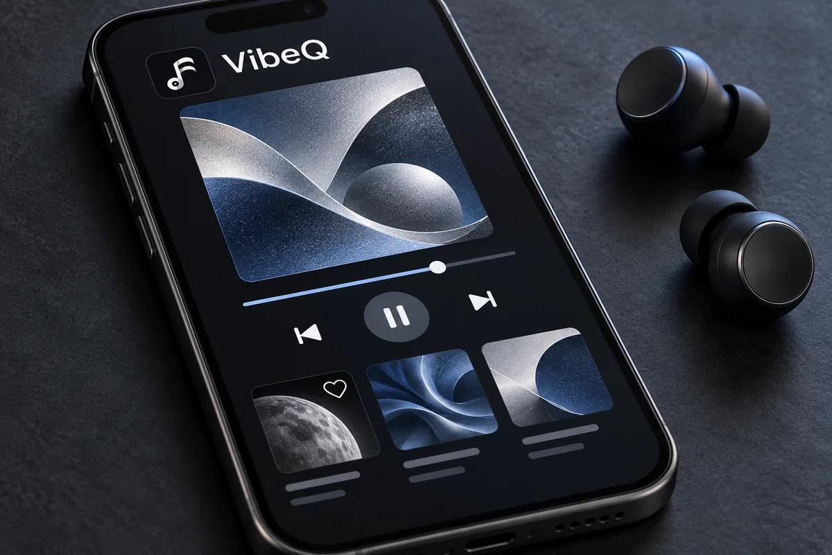 VibeQ için temsili müzik oynatıcısında farklı albüm görselleri ve favori seçimi