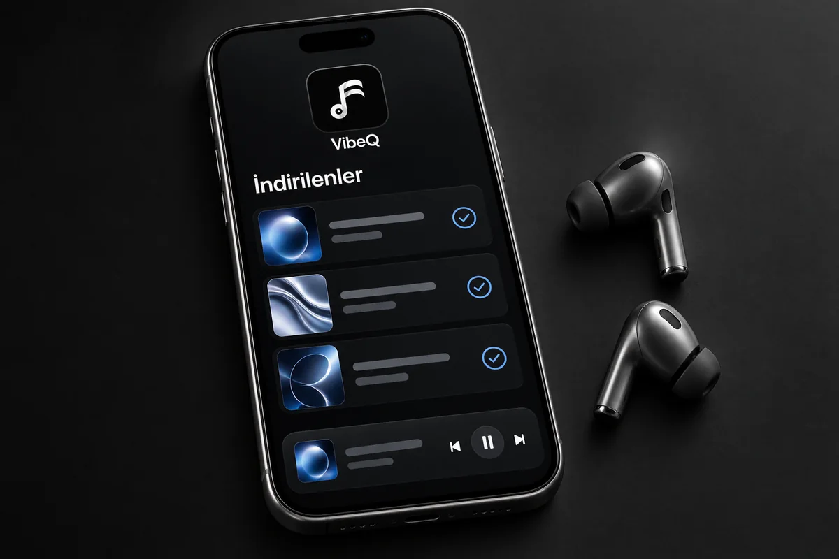 İndirilen müzik koleksiyonunu temsil eden telefon ve kablosuz kulaklıklar