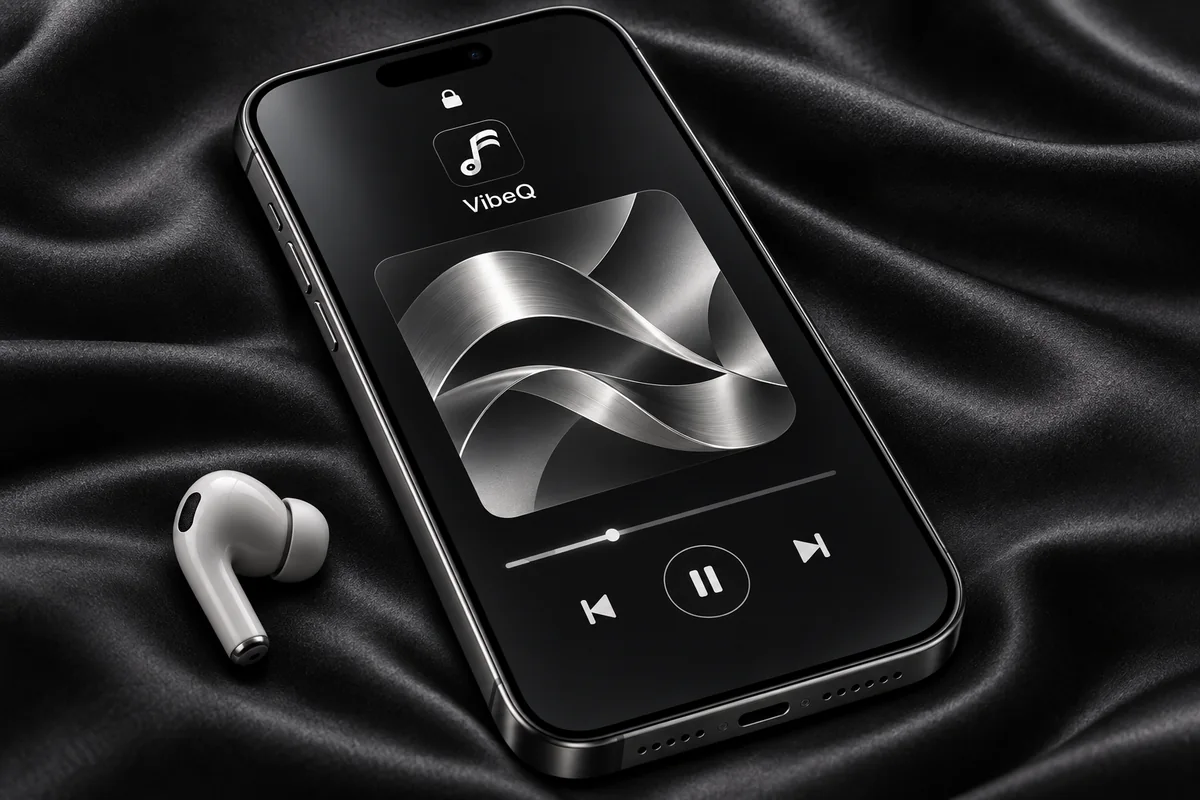 VibeQ için temsili kilit ekranında albüm kapağı ve müzik oynatma kontrolleri