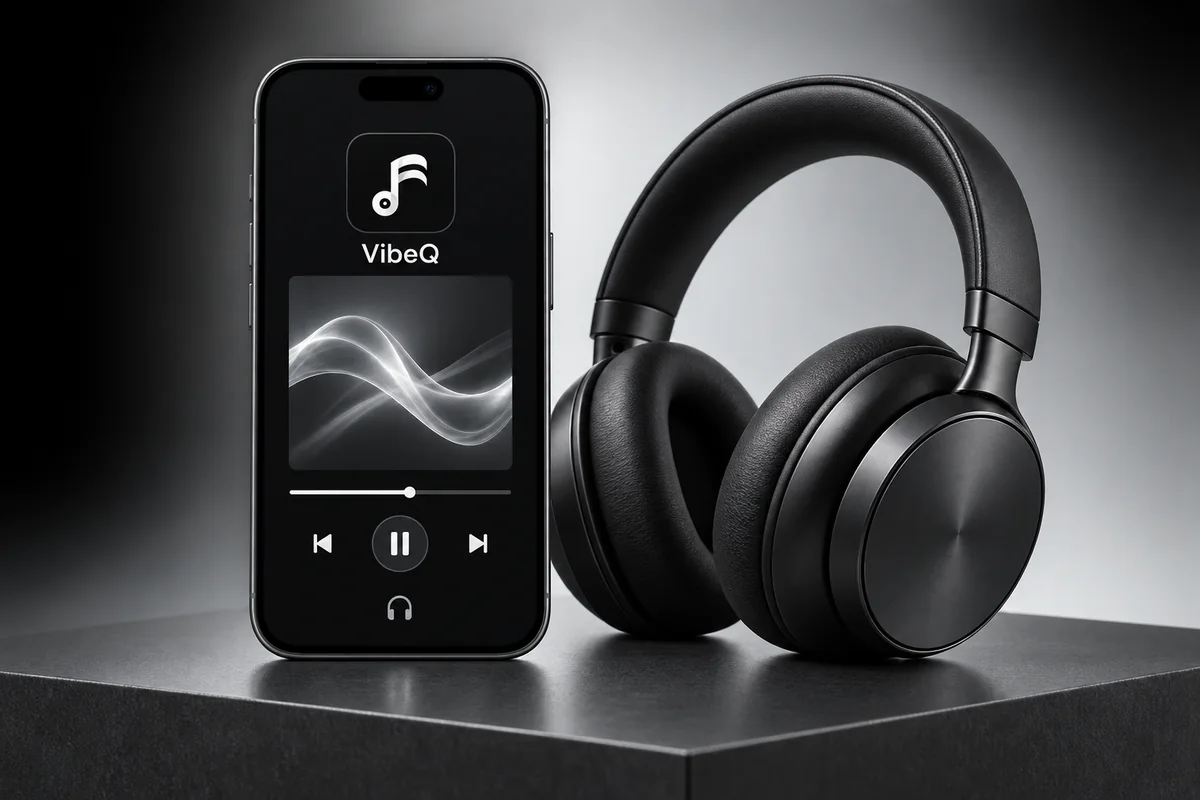Telefon ve kulak üstü kulaklıkla müzik dinlemeyi gösteren temsili tasarım