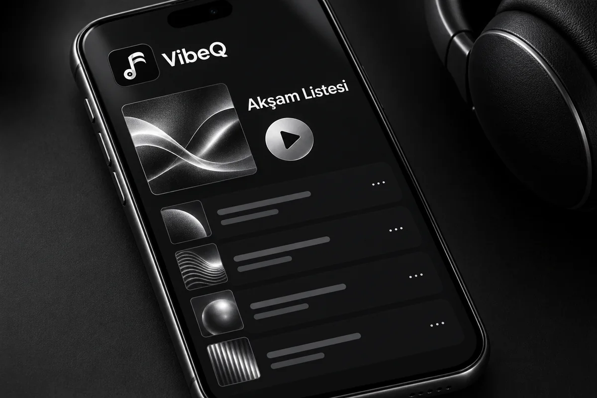 VibeQ markalı temsili müzik uygulamasında Akşam Listesi ve oynatma görünümü