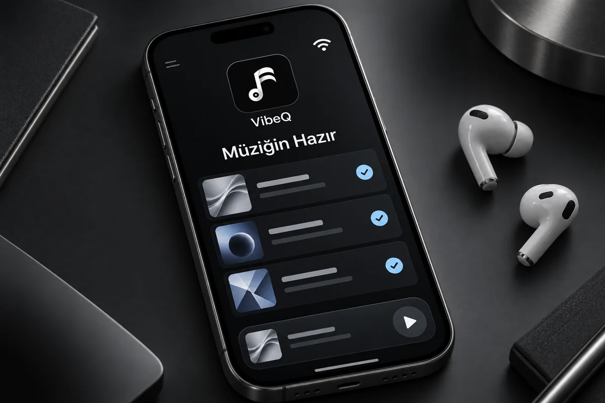 Müzik indirmeye hazırlığı temsil eden telefon ve kablosuz kulaklıklar