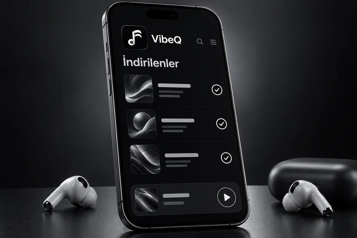 VibeQ markalı temsili iPhone ekranında indirilen müzikler ve oynatıcı